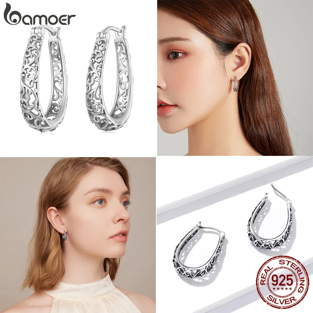 BAMOER 18K Gold Plated Filigree Hoop Earrings 925