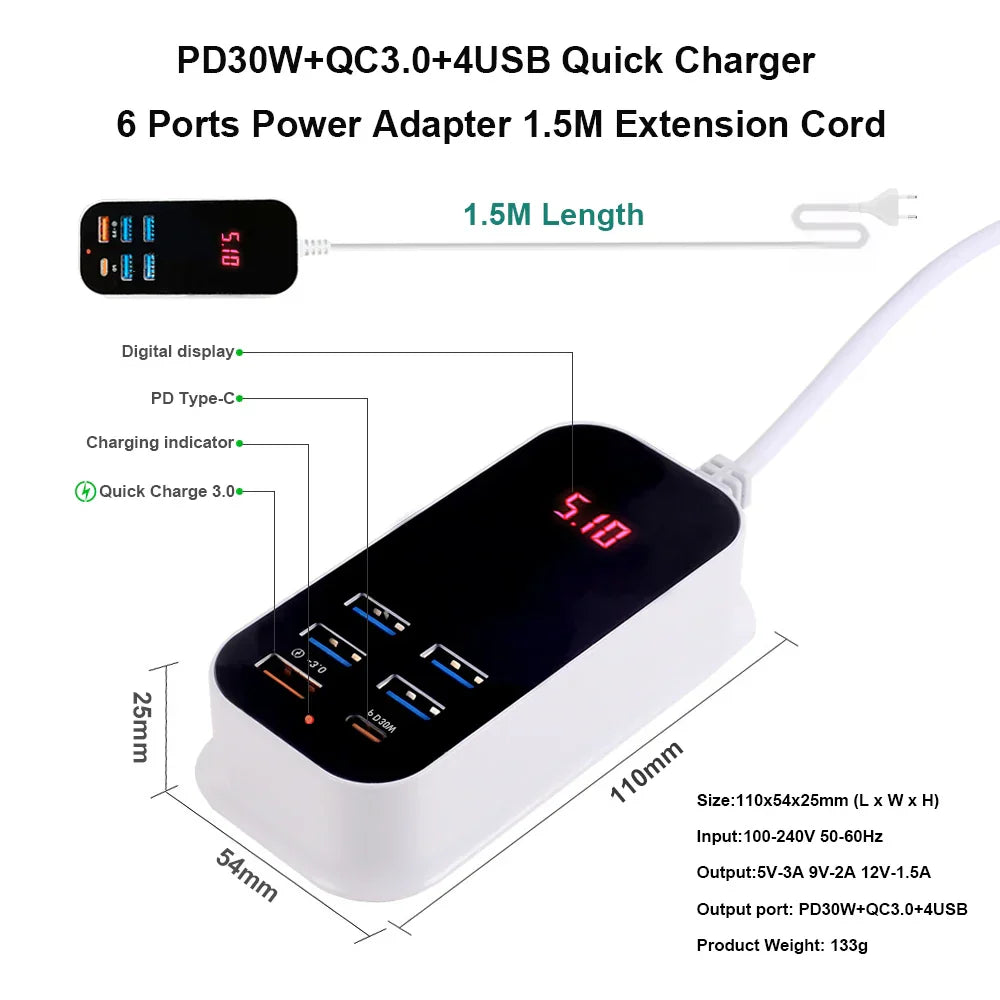 Multiple USB Charger PD 30W Type C Fast