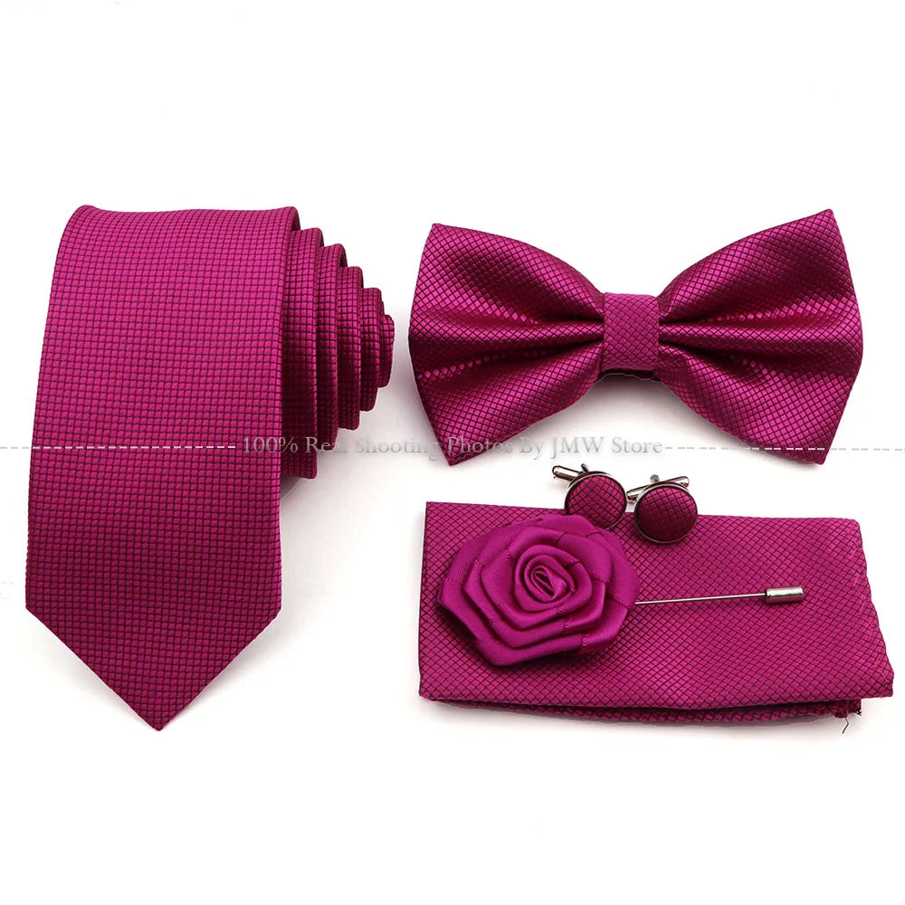 5 Pcs Slim Plaid Tie Set Polyester Pink