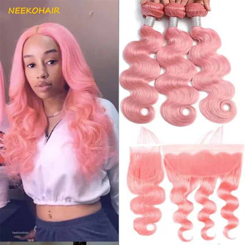 Light Pink Colored Bundles With 13x4 Frontal Weave