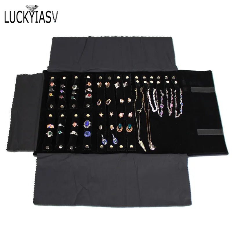 Fashion Black Velvet Zipper Jewelry Roll Bag