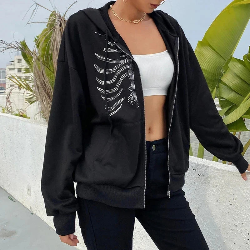 Y2K Rhinestone Skeleton Hoodies Women Gothic Black Zip