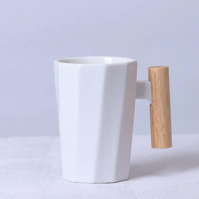 Nordic Wooden Handle Ceramic Porcelain Mug Coffee Cups