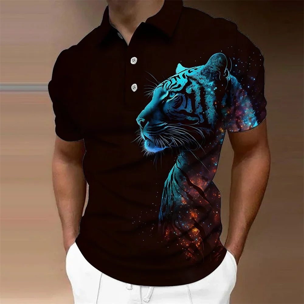 3D Tiger & Lion Print Men's Casual Polo Shirt