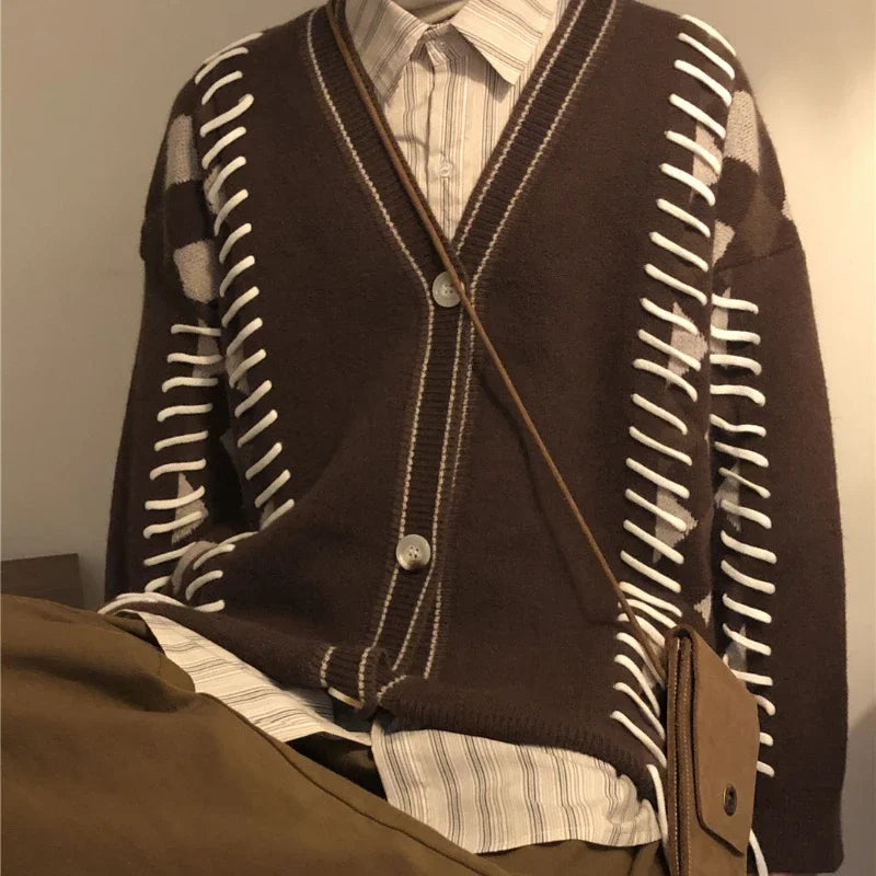 Men Casual Sweater Set Vintage Checkerboard Cardigan+Striped Long