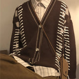 Men Casual Sweater Set Vintage Checkerboard Cardigan+Striped Long