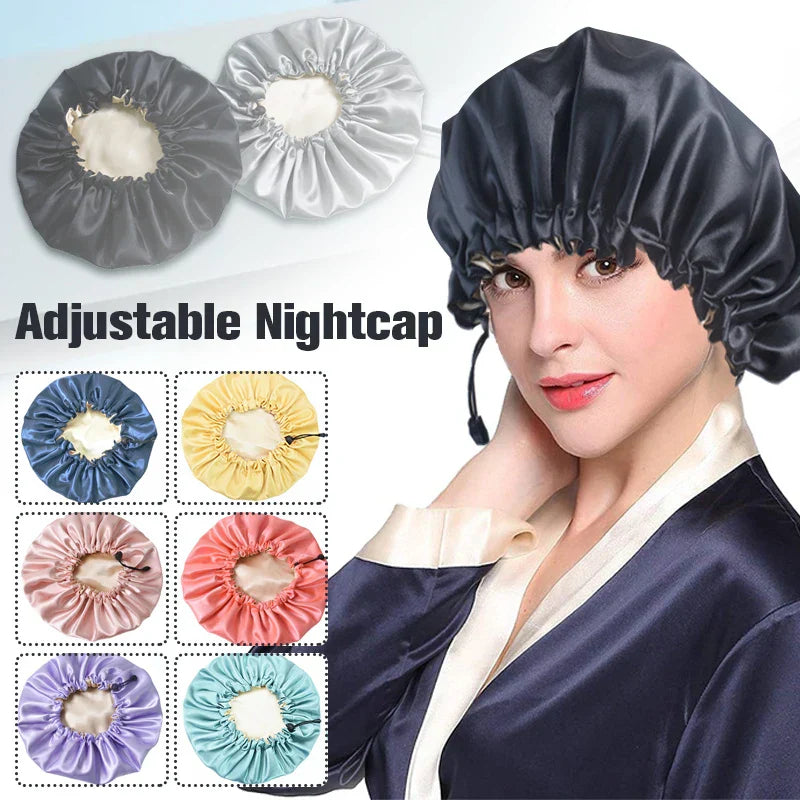 Ladies Satin Nightcap Solid Color Simple Drawstring Adjustable
