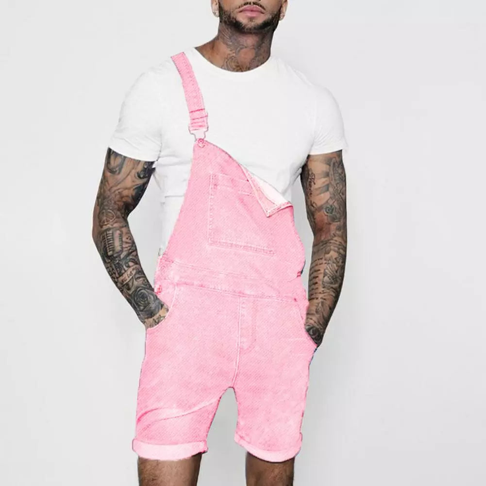 Pink Denim Overall Shorts for Men Fashion Hip
