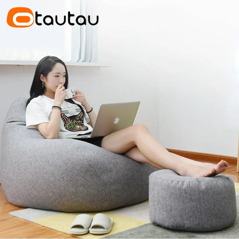 OTAUTAU Round Stool D30cm*H20cm Linen Bean Bag Ottoman