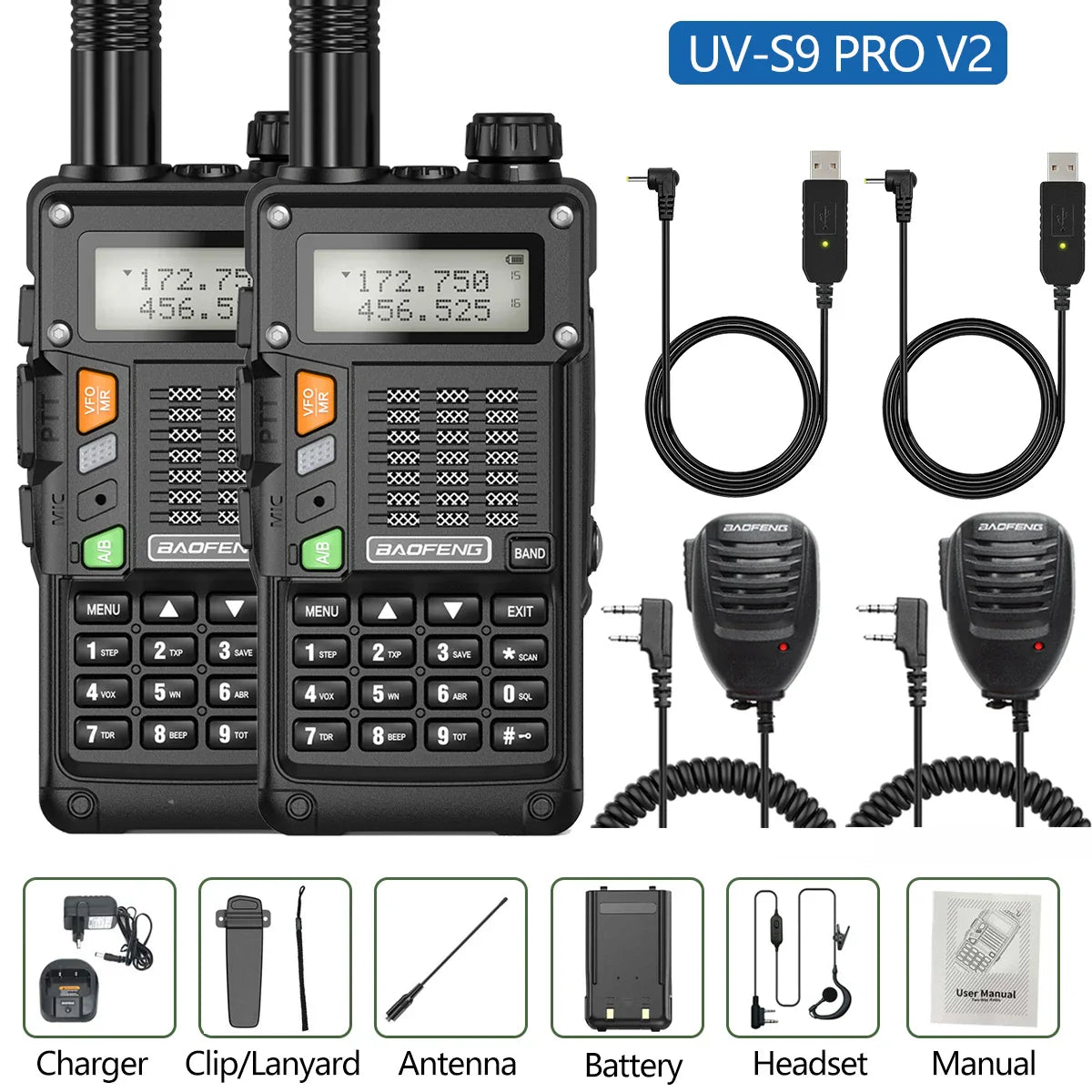 2PCS BaoFeng UV-S9 Pro V2 Walkie Talkie 10KM
