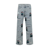 Chinese Painting Embroidered Patch Denim Ripped Jeans