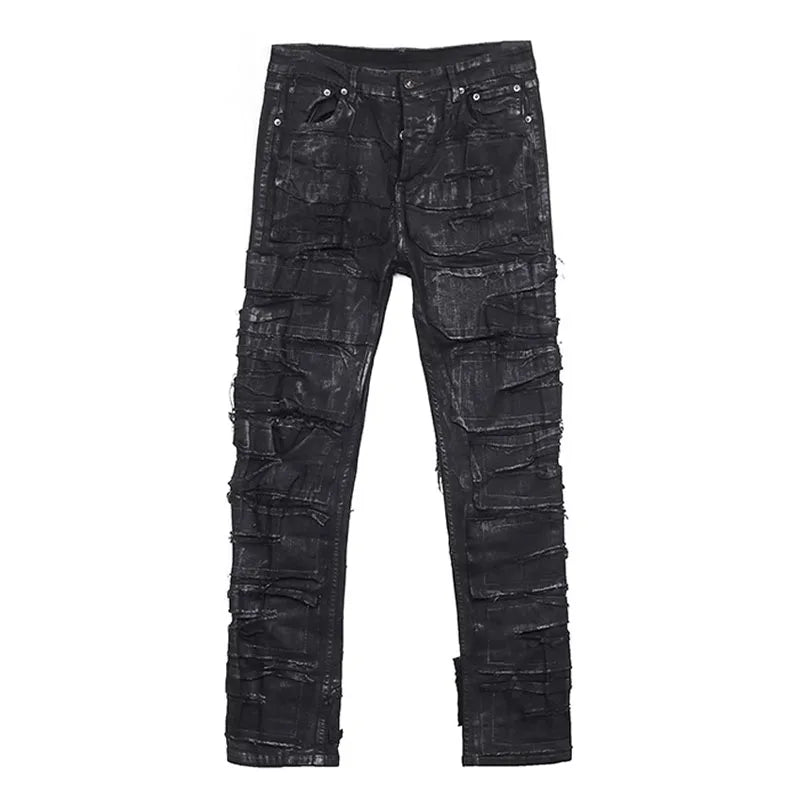 Dark Coating Wax Brushing Erosion Hole Jeans Men