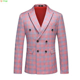 Red Striped Plaid Suit Jacket Men's Double Breasted