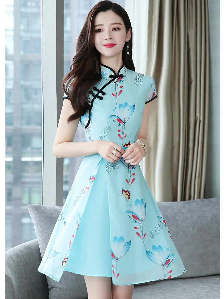 2023 Summer New Modern Improved Cheongsam Chiffon Printing