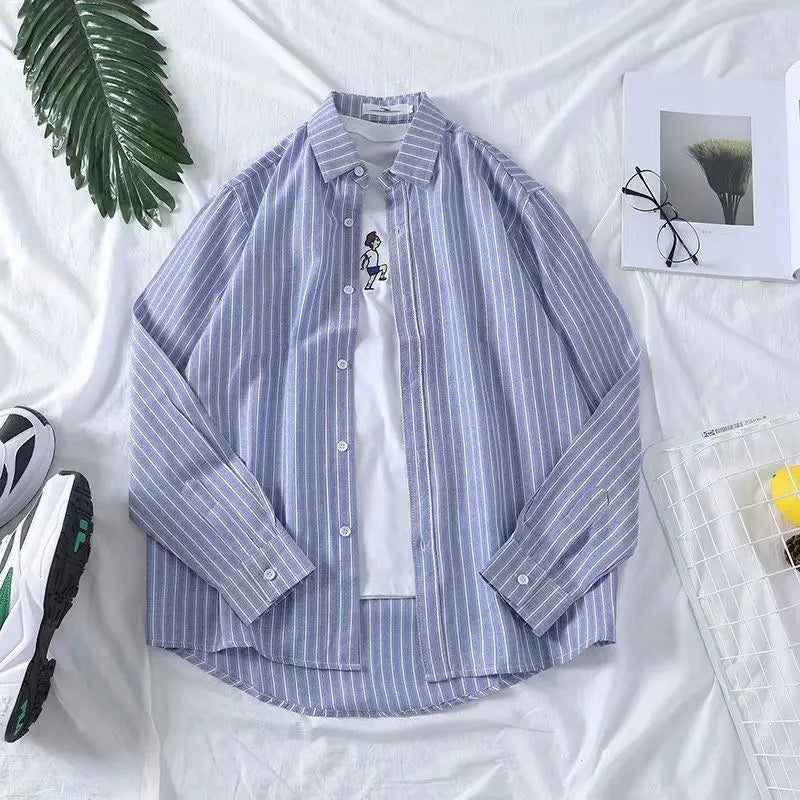 Fashion Lapel Button All-match Printed Striped Shirts Men's