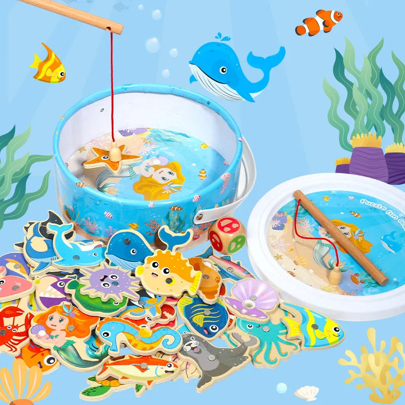 Wooden Magnetic Fishing Toys Baby Cartoon Marine Life