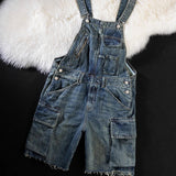 Men Denim Bib Overalls Shorts Summer Multi Pockets