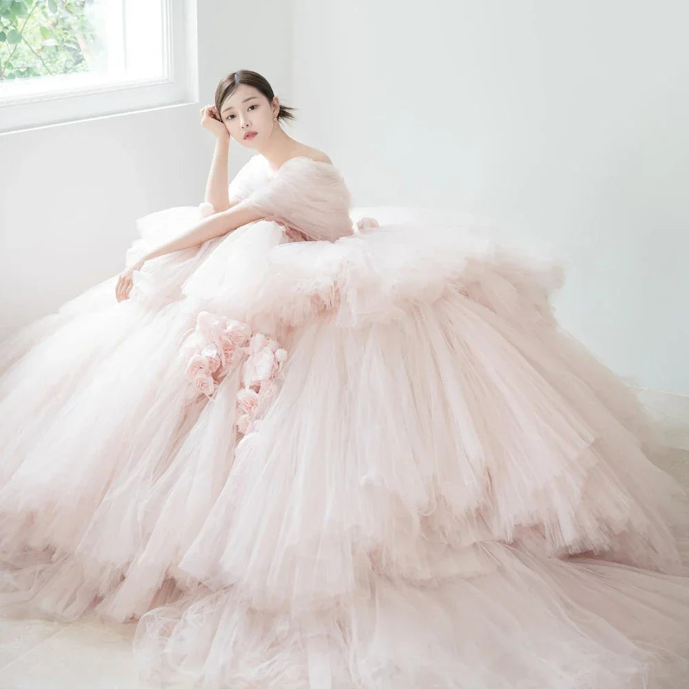 Yipeisha Intricate Exquisite Strapless Ball Gown Flower Draped