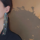 FYUAN Long Tassel Full Rhinestone Drop Earrings for