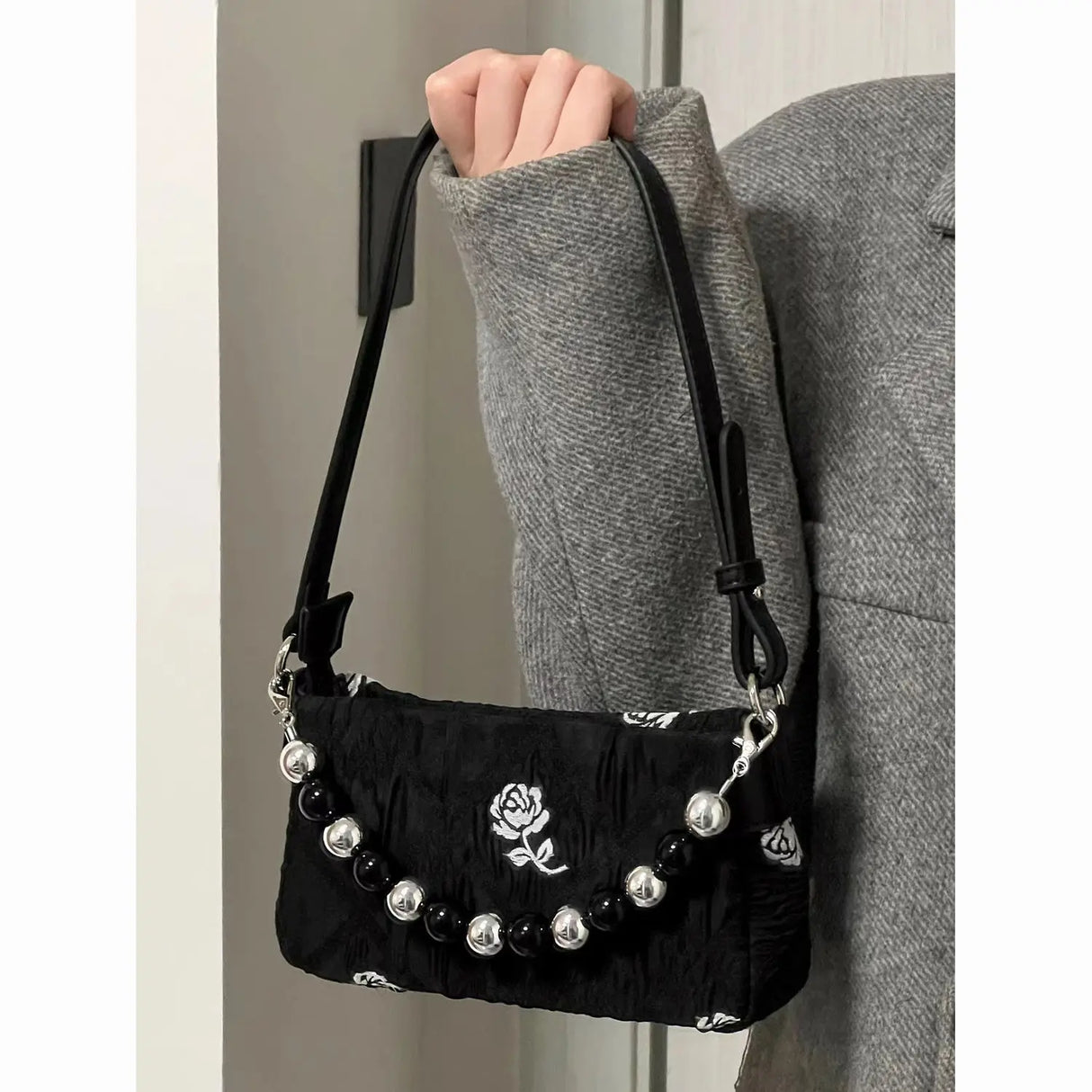 Black Motor Nylon Shoulder Bag for Women Hot Girls Gold Chain Underarm Wand Handbag Luxury Designer Cool Gothic Motor Style New