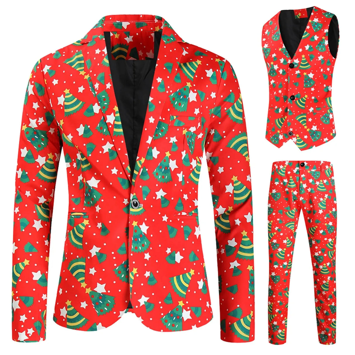 Mens Fashion Casual Suit Printed Christmas Jacket Pants
