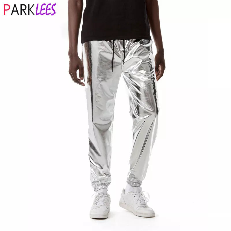 Mens Shiny Silver Metallic Jogger Sweatpants Hip Hop