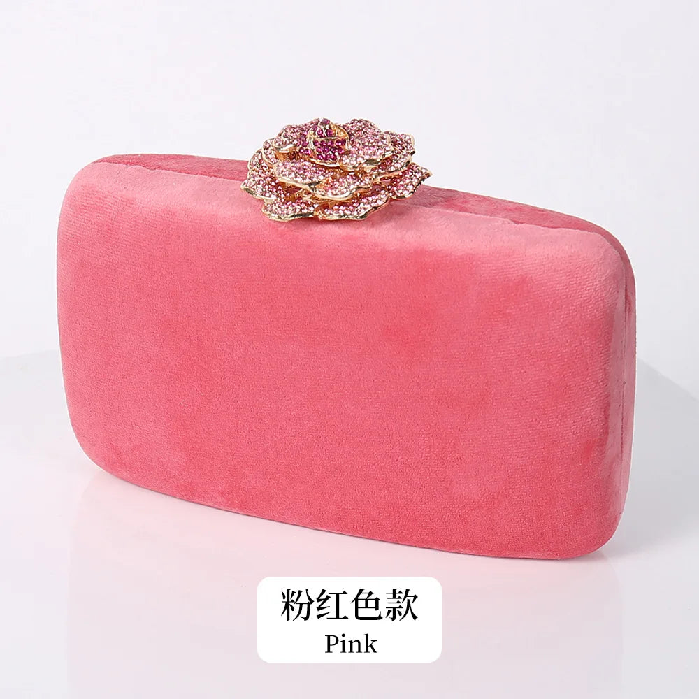 New Winter Velvet Clutch Bag Diamond Flower Lock