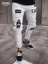 White Embroidery Jeans Men Cotton Stretchy Ripped Skinny