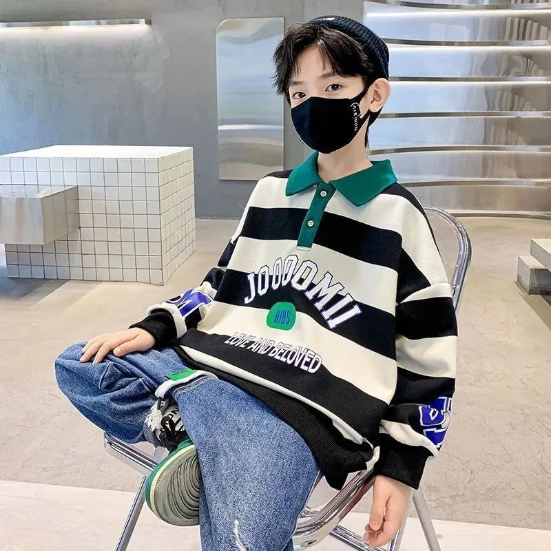 Spring Autumn Boys Cotton Contrast Striped Alphabet Turtleneck