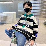 Spring Autumn Boys Cotton Contrast Striped Alphabet Turtleneck