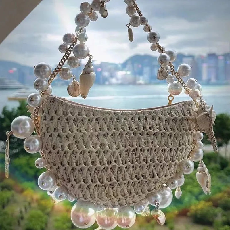 Fairy Pearl Conch Grass Woven Bag Handheld Crossbody