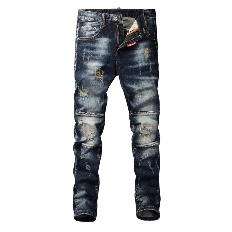 Fashion Streetwear Men Jeans Retro Black Blue Elastic