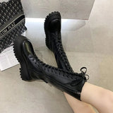 Women Motorcycle Boots Wedges Flat Shoes Woman High