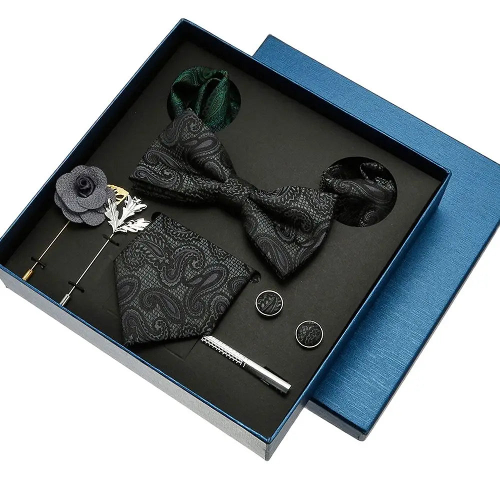 Black Mens Neck Tie Gift Set Bowtie Pocket