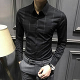 Spring Autumn Polo-neck Plaid Printed Bottoming Shirt Male