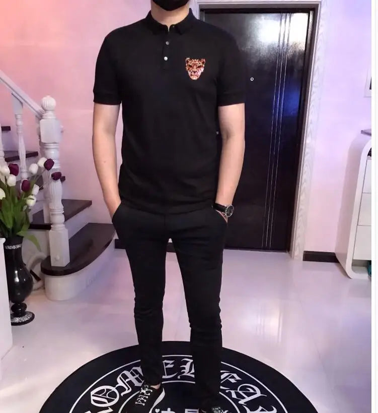 Embroider logo Men Rhinestones S-2XL Men Polo Shirt