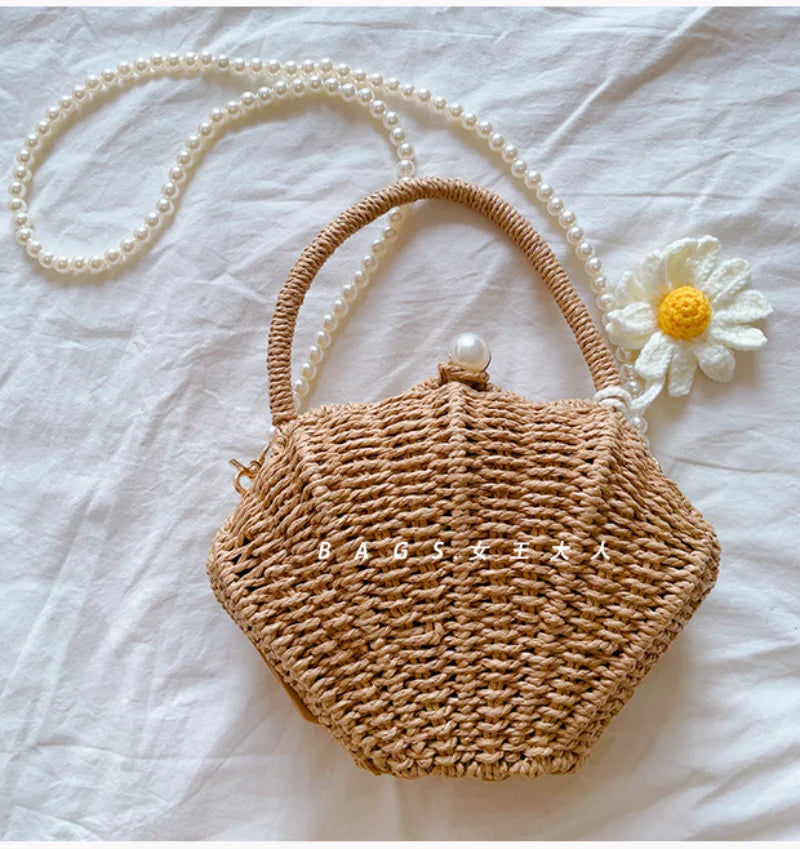 Shell rattan straw woven diagonal cross small bag,