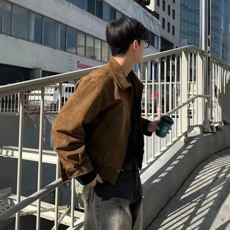 Elegant Solid Brown Coat Men's Spring Autumn High-end