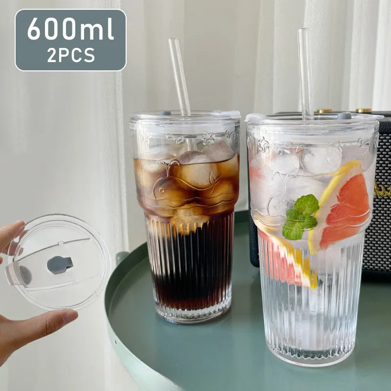 2pcs 600ml Stripe Glass Cup with Lid and