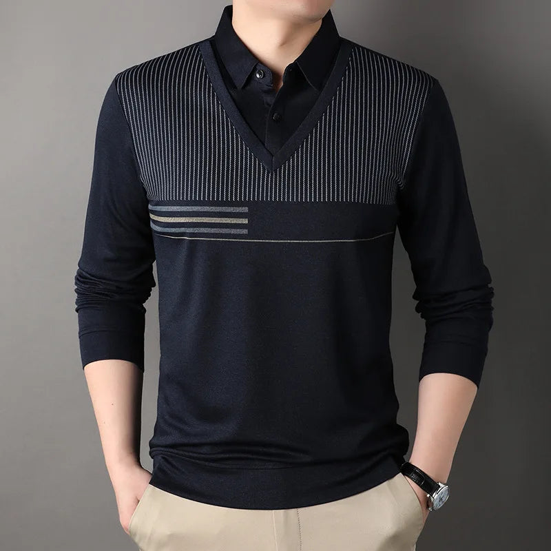 Spring and Autumn Men's Pullover Polo Collar Stripe