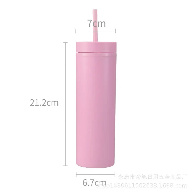 Plastic Straw Cup Double-Layer Water Bottles Coffee Cup