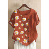 Plus Size DaisyPrint Cotton Linen Shirt Casual Summer