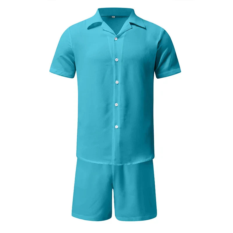 Hawaiian Men's Summer Polo Collar Cotton Linen Two