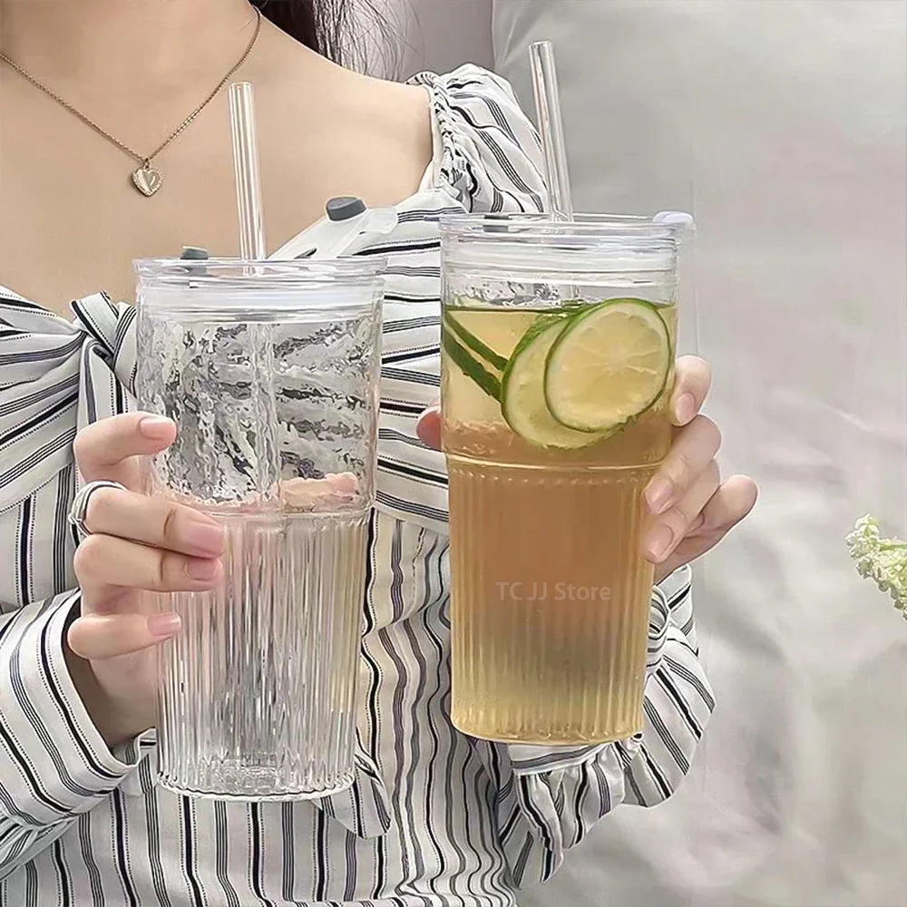 600ml Stripe Glass Cup Transparent Glasses With Lid