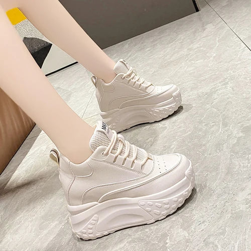 Women Platform Breathable Leather Shoes New Autumn Chunky Sneakers 10CM Wedge Hidden Heels Leisure Sports Casual Dad Shoes Woman