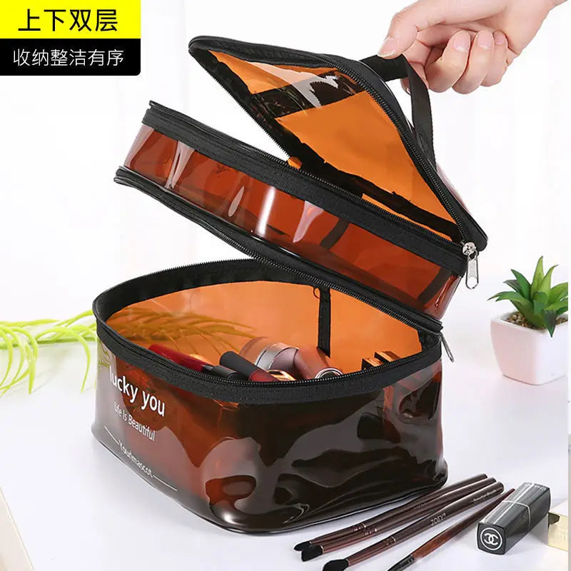 Women's double layer large capacity portable toiletry bag Waterproof cosmetics bag travel storage bag