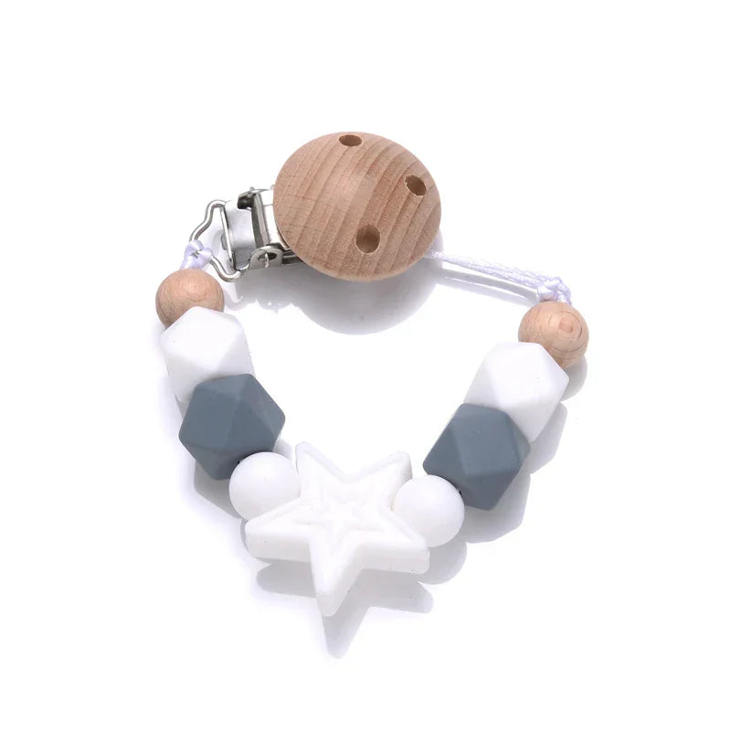 Baby Pentagram Silicone Beads Pacifier Chain Wooden Teether