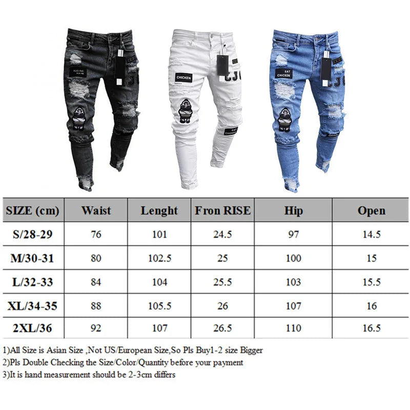 White Embroidery Jeans Men Cotton Stretchy Ripped Skinny