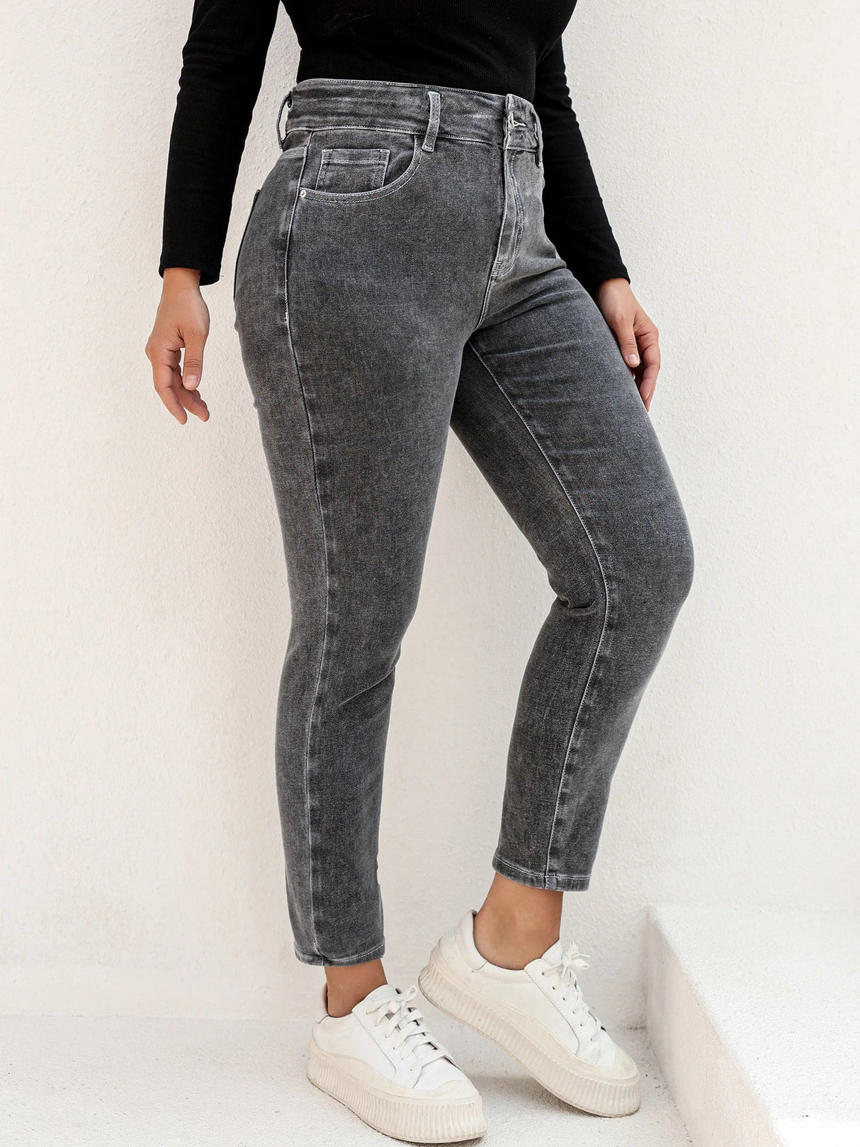 Plus Size Gray Jeans for Women Stretchy High