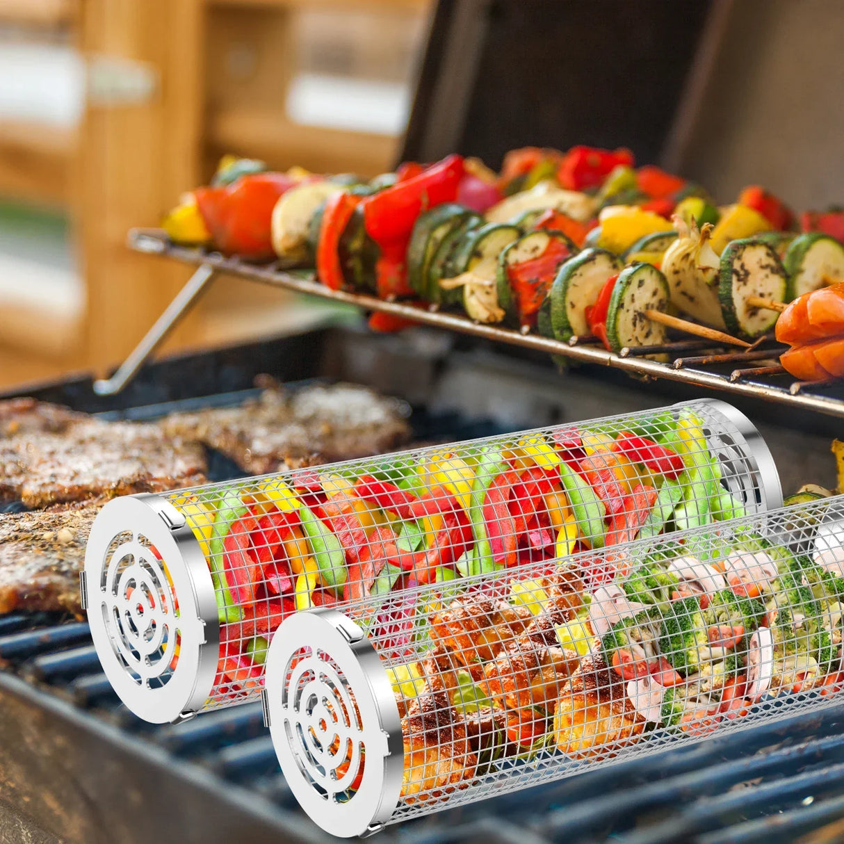 Round Rotisserie Basket BBQ Stainless Steel Mesh Barbecue